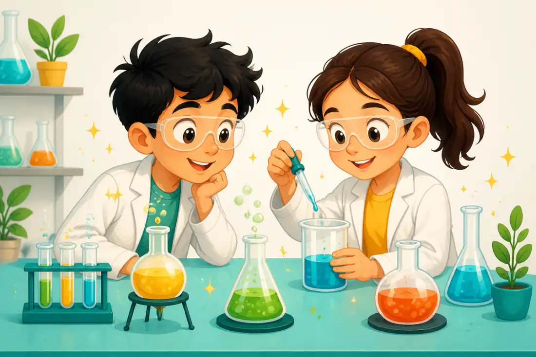 Kids doing a science experiment with colorful flasks